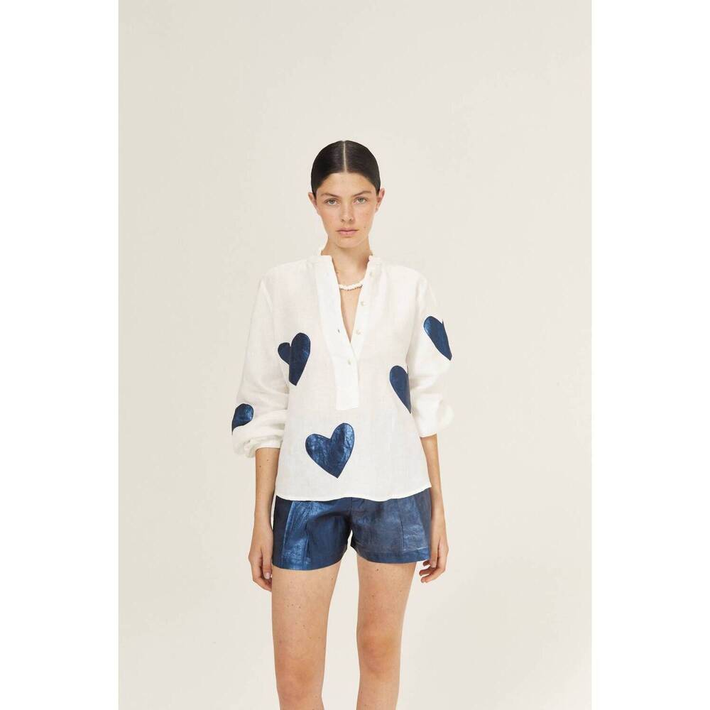 NEW LANHTROPY metallic cupid shirt in off-white w/foil dark blue hearts